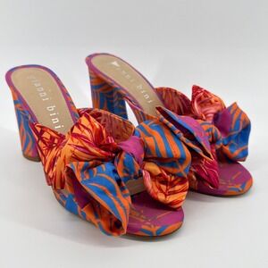 Gianni Bini Keily Palm Print Bow Block Heel Sandals Tropical Bow Blue Pink 8.5